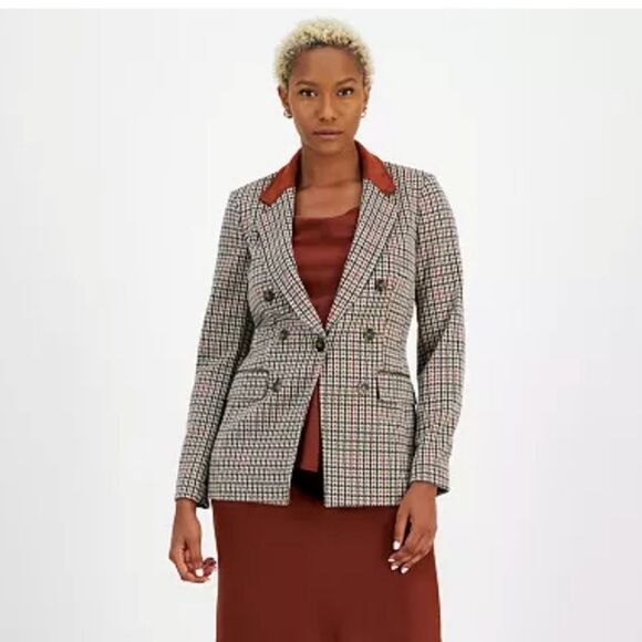 Bar III Plaid Blazer With Faux Suede Collar - Picture 1 of 2